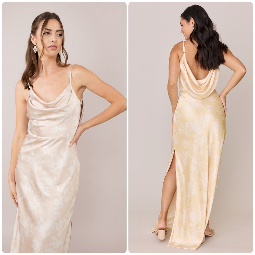 Revelry Nadia Satin Floral Print Dress Gold Champagne Bouquet Maxi Low Back 18